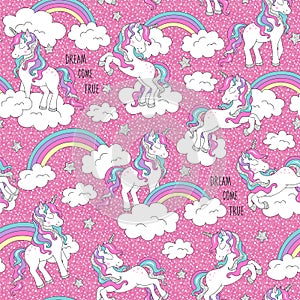 Beautiful unicorn pattern. Trendy seamless vector pattern on a pink background