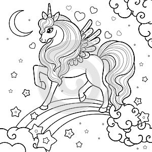 Beautiful unicorn on the rainbow. Black and white drawing for coloring. Vector
