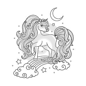 Beautiful unicorn on a rainbow. Black and white linear drawing. Vector