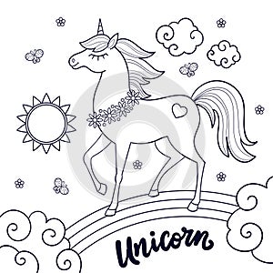 Beautiful unicorn on the rainbow. Black and white linear drawing. Vector