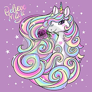 Beautiful unicorn with a rainbow mane. Fabulous animal. Vector