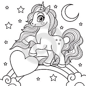 A beautiful unicorn with a saddle. Black and white line drawing. Vector