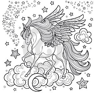 A beautiful unicorn among stars and clouds. Black and white. Vector illustration