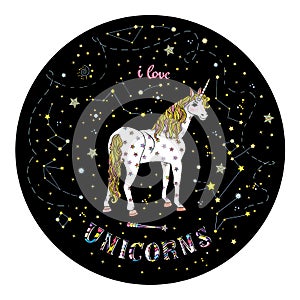 Beautiful unicorn with yellow mane standung inside black circle. Vector illustration