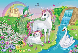 Hermoso unicornios a cisne. cuento de hadas flor prado castillo princesa arcoíris,. fondo de escritorio 