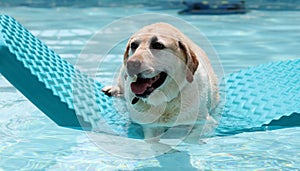 Beautiful unique golden retriever labrador dog relaxing at the pool in a floating bed, dog super funny.