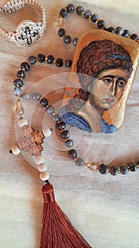 Beautiful unique Orthodox rosary with beaded cross, Stone Icon of Gabriel the Archangel