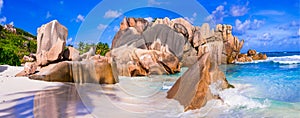 Beautiful unique rocky beach Anse Cocos in La digue island, Seyc