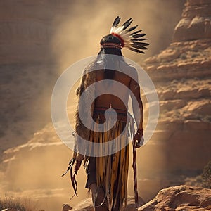 Beautiful unrecognizable native american indigenous chief around canyon.