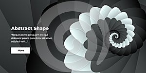 Beautiful unusual abstract background or web banner with a shell spiral pattern in gradient gray, black, white colors on