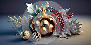 Beautiful unusual christmas metallic ball with decoration. Christmas greeting in a modern way. Generative AI