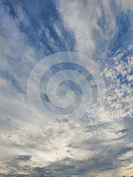 Beautiful and unusual cloudy sky, sunset. A lot of atmospheric clouds in the blue sky. Natural background, texture, abstract