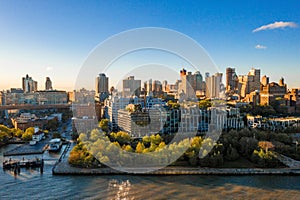 Beautiful USA skyline with Brooklyn and Washington bridges near the Manhattan island