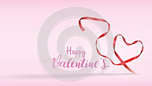 Beautiful Valentine`s Day background with red silk ribbons and shape of hearts