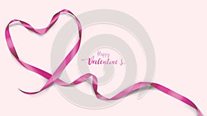 Beautiful Valentine`s Day background with violet silk ribbons and shape hearts purple color
