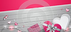 Beautiful valentine`s day theme 3d horizontal banner frame layout with chocolate bar, string lights, heart box and empty space on