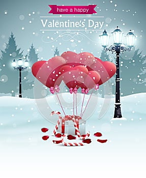 Beautiful Valentines day card width street lights heart shape balloons rose petals candy