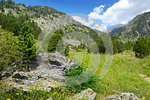 Beautiful valley and blue sky in Andorra. Mountain landscape.