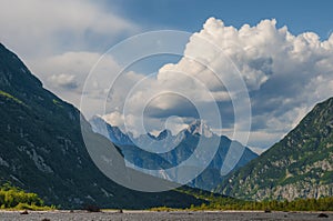 Beautiful valley of Tagliamento river with Creta Grauzaria peak