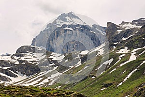 Beautiful valley in the way to Rifugio Benevolo with Granta Parey Peak at background, Val d`Aosta, Italy