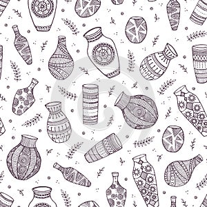 Beautiful vases seamless pattern. Various shapes of hand-drawn vase.