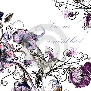 Beautiful vector back with orchid flowers hummingbirds