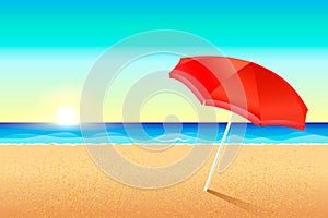 Beautiful vector beach. Sunset or dawn on the coast of the sea. A red umbrella stands in the sand. The sun sets over the