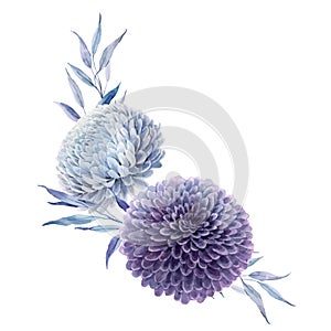 Beautiful vector bouquet composition with watercolor blue and purple dahlia flowers. Stock illustration.