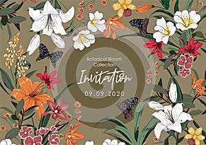 Beautiful Vector card and banners design with many kind of blooming garden flowers on stylish brown background. Floral design for