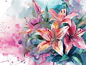 Beautiful vector card with lily flowers on watercolor background. Generative AI