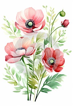 Beautiful vector card with nice watercolor anemone flowers. Generative AI