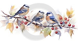 Beautiful vector card with watercolor bullfinches on a branch Generative AI