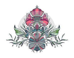 Beautiful vector composition with hand drawn floral elements, leaves.