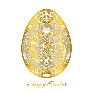 Beautiful vector Easter Egg with gold flower decoration on white background.