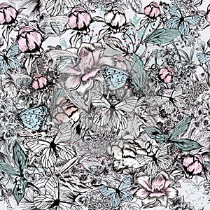 Beautiful vector elegant pattern with hand drawn peony flowers, roses, herbs, plants and white butterflies in vintage style