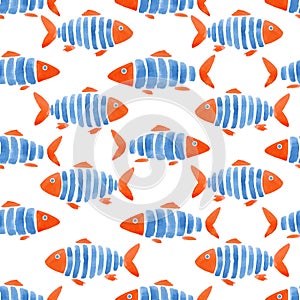 Beautiful vector fashinable seamless pattern with cute watercolor fish. Stock design illustration.