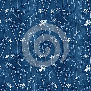 Beautiful vector floral abstract seamless pattern in cyanotype style with silhouette of flowers. Abstract handmade print design. photo