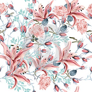 Beautiful vector floral pattern with pink rose and lily flowers