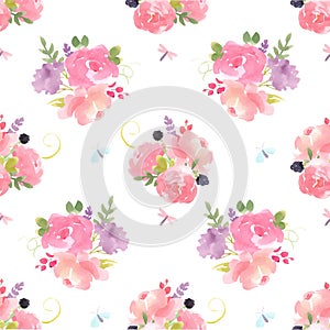 Beautiful vector floral summer seamless pattern with watercolor hand drawn field abstract flowers. Stock illustration.