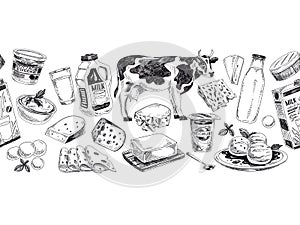 Beautiful vector hand drawn dairy products Illustration.