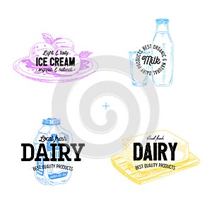 Beautiful vector hand drawn dairy products logos.