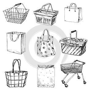 Beautiful vector hand drawn shopping cart, bag and basket set Illustrations.