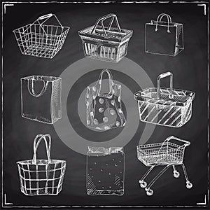 Beautiful vector hand drawn shopping cart, bag and basket set Illustrations.