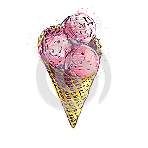 Beautiful vector hand drawn waffle cone with ice cream Illustration.