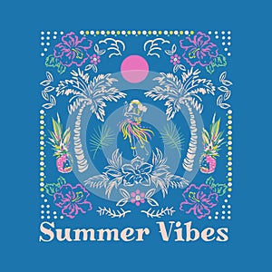 Beautiful vector of Hawaii summer island relax vibes ,palm, tree, ocean,wave,hibiscus flowern,beach design for Tshirt,fashion,