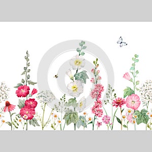 Beautiful vector horizontal seamless floral pattern with watercolor summer mallow flowers. Stock illustration.