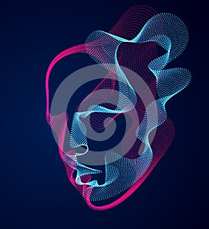 Beautiful vector human face portrait, artistic illustration of man head made of dotted particles array, Artificial Intelligence,