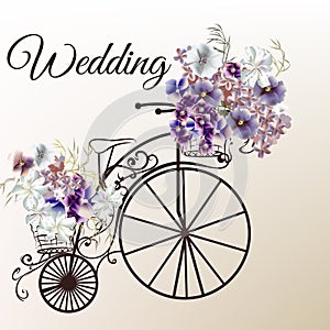 Beautiful vector illustration in antique style with retro bicycle and flowers for wedding design