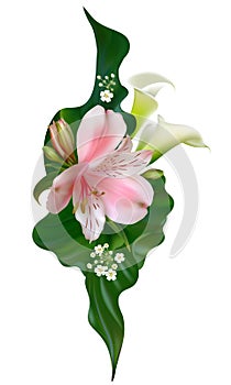 Tropical flowers. White callas. Pink lily. Floral background. Green leaves. Exotic plants. Pattern. Petals. White.