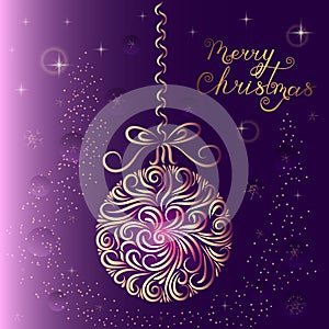 Christmas-tree decoration ball in purple colors. Ornament. New Year card. Congratulation. Celebration. Winter. Snowflakes. Stars.